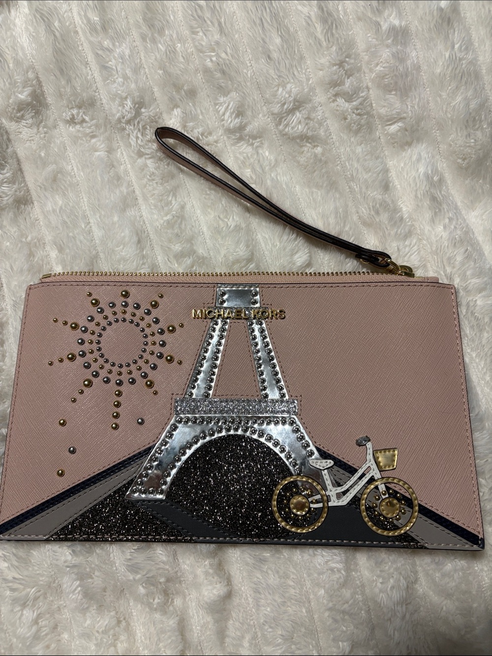 Michael Kors Pink Eiffel Tower Appliqué Wristlet Clutch with Metallic Accents